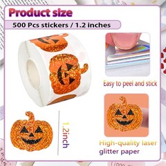 500Pcs Halloween Pumpkin Stickers Roll 1.2in Laser Smiling Orange