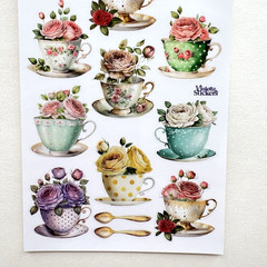 Violette Rosie Teatime Stickers Teacup Roses Junk Journal Collage Scrapbooking