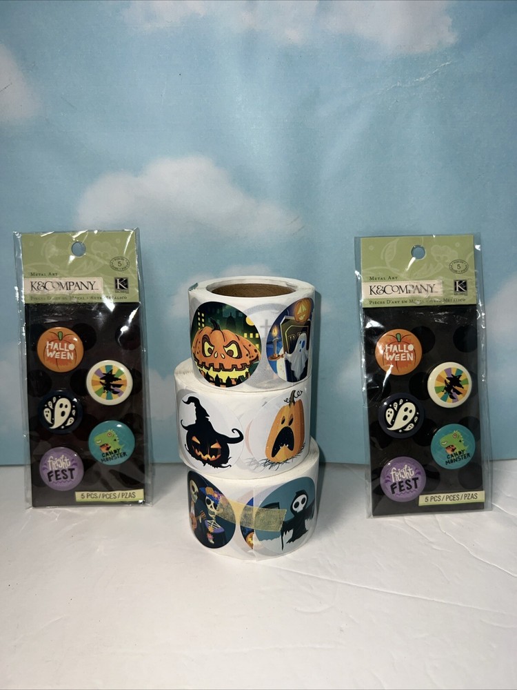 2 Packs Of Halloween Pins 10 Pieces & 3 Rolls Of Halloween Fun Themed Stickers