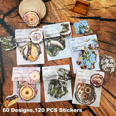 Nature Wood Slice Sticker Set, 120PCS Vintage Designs with Flowers, Moss, Logs a