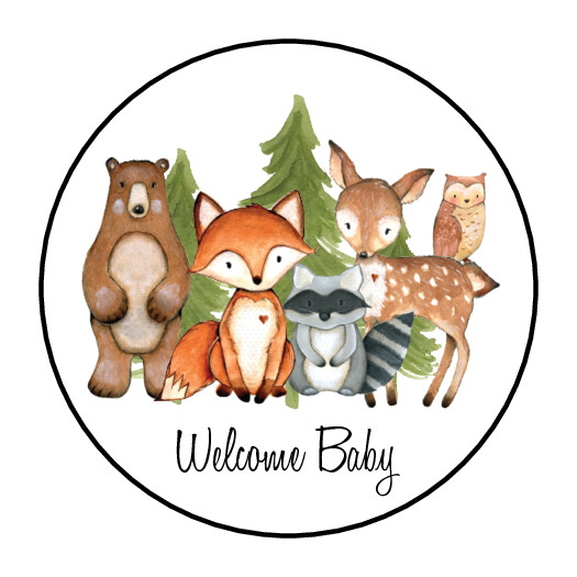 30 1.5″ WOODLAND ANIMAL WELCOME BABY BABY SHOWER FAVOR LABELS ROUND STICKERS