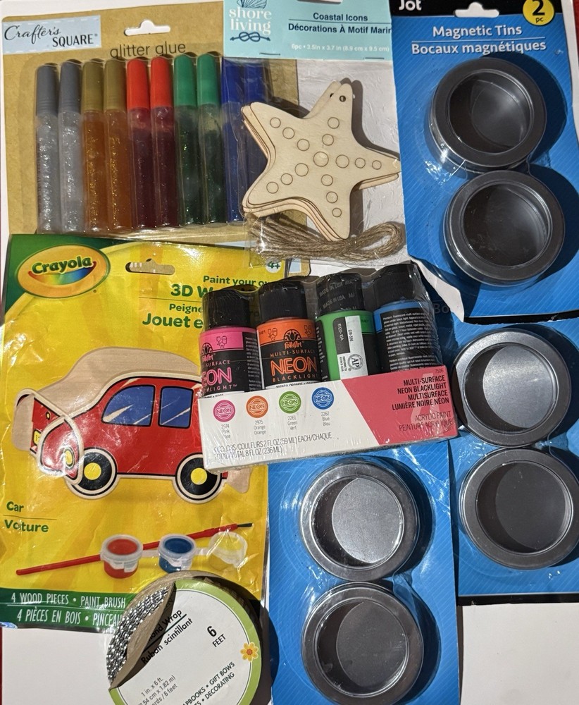 Mixed Brands Craft Lot: Crafter’s Square Glitter Glue, Jot Tins, Crayola 3D Wood