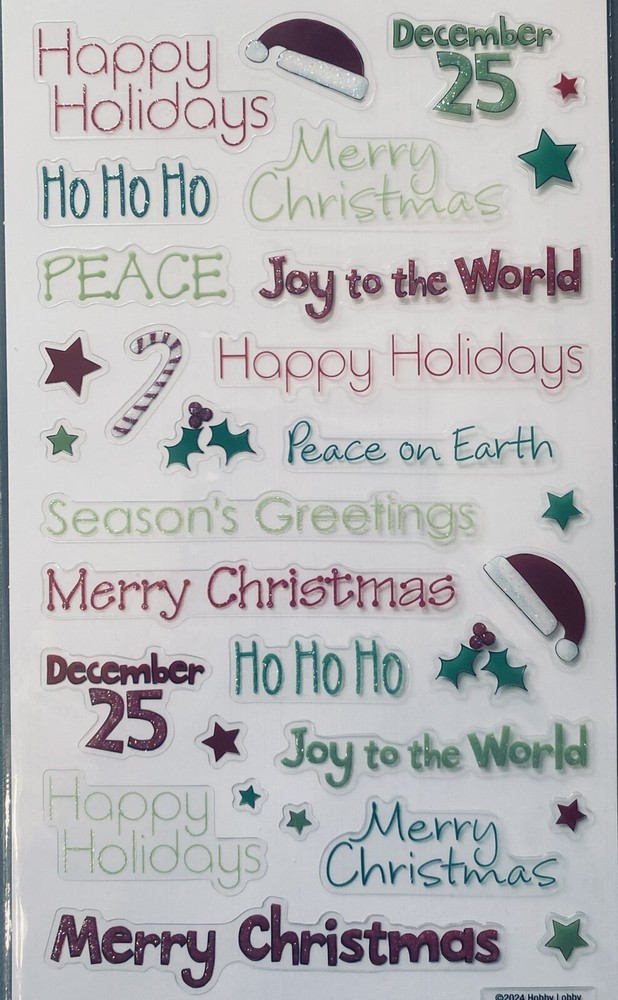 Merry Christmas Holidays Joy Ho Ho Peace Glittered Scrapbook Card Craft Stickers