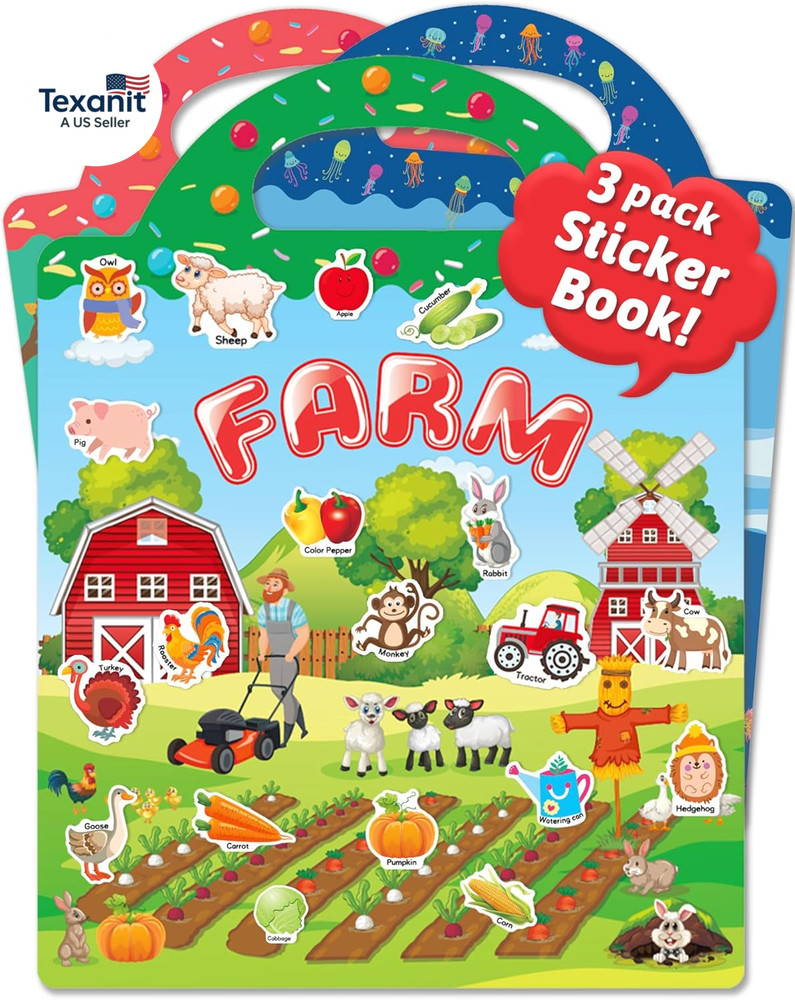 Reusable Sticker Book for Toddlers, 3 Sets Stickers for Kids, Toddler Sticker Bo
