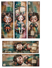 DIY WHIMSICAL GIRLS BOOKMARKS Set 2, Card Toppers Supply Scrapbook Junk Journal