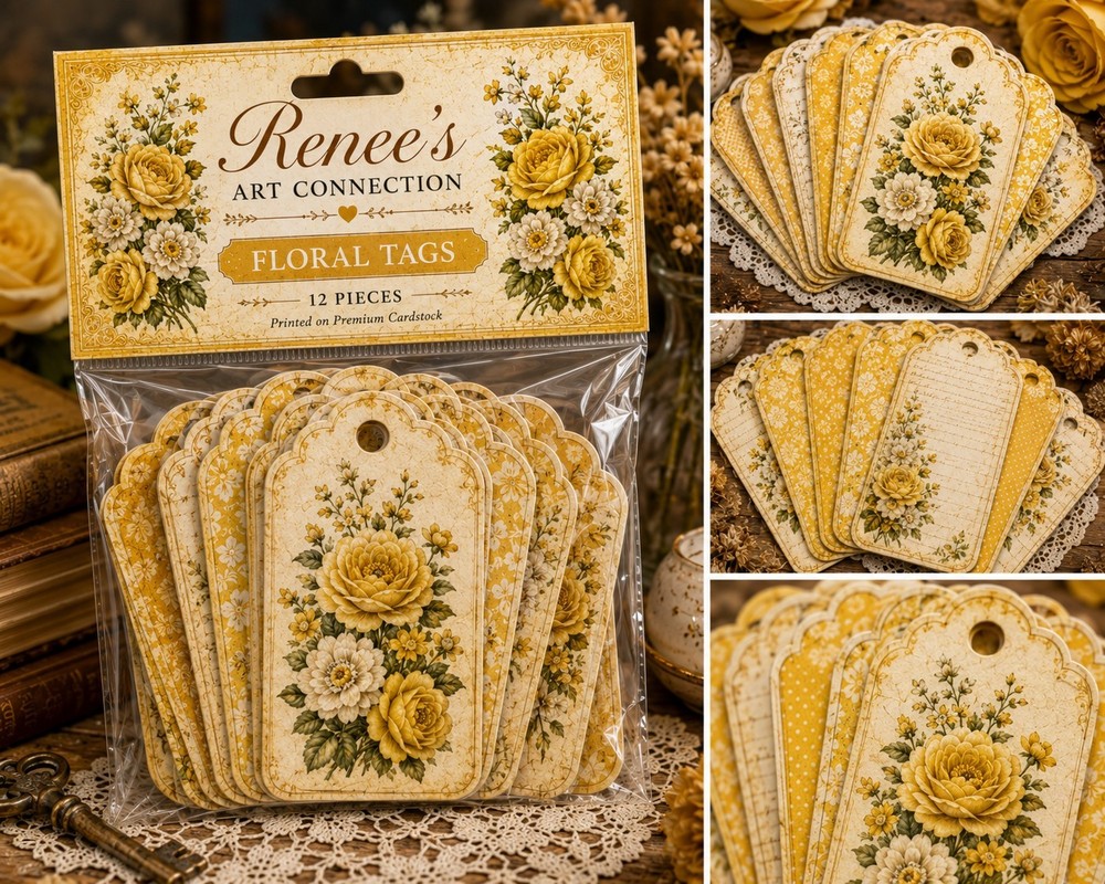 Handmade Floral Tag Pack Vintage Ephemera Tags Junk Journal Supplies Scrapbook