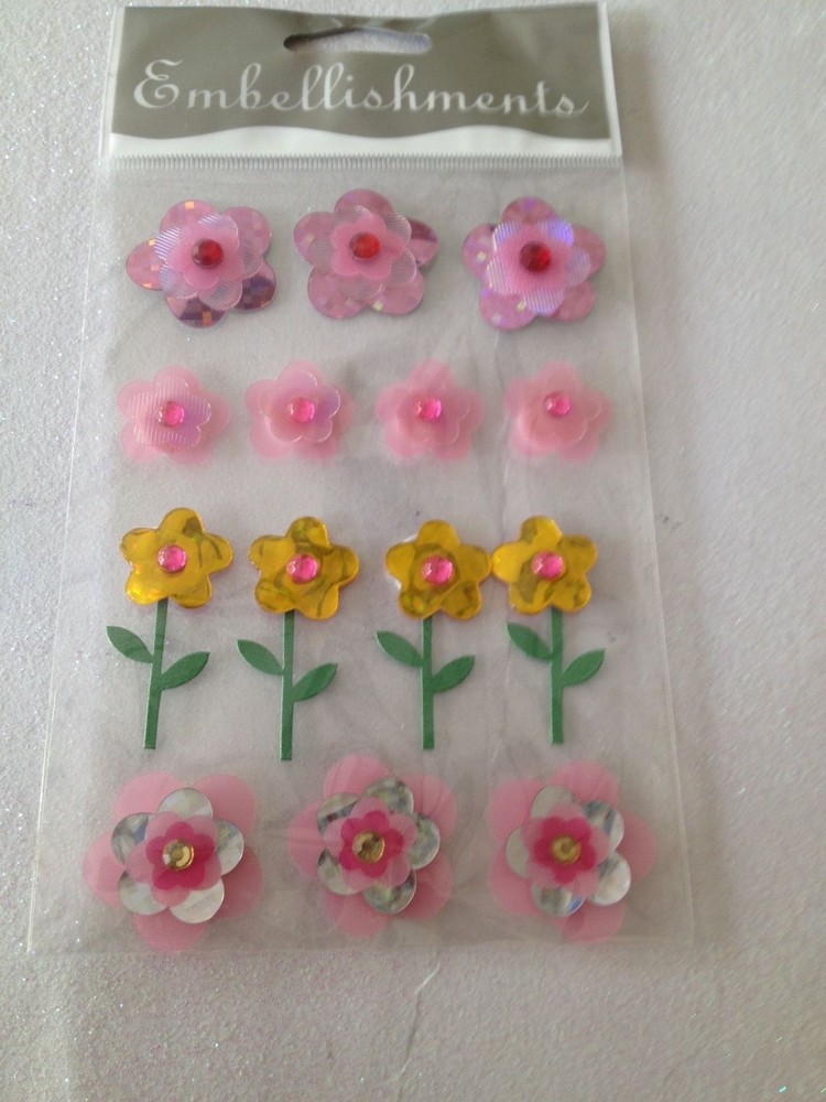 BARNES & NOBLE EMBELLISHMENTS STICKER FLOWERS PINK YELLOW VELLUM W/GEMS THICK 3D