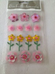 BARNES & NOBLE EMBELLISHMENTS STICKER FLOWERS PINK YELLOW VELLUM W/GEMS THICK 3D
