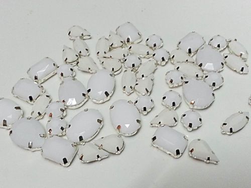 CraftbuddyUS50pc Asst White SewOn Acrylc Silver Set Crystal Diamnte Montee Gems