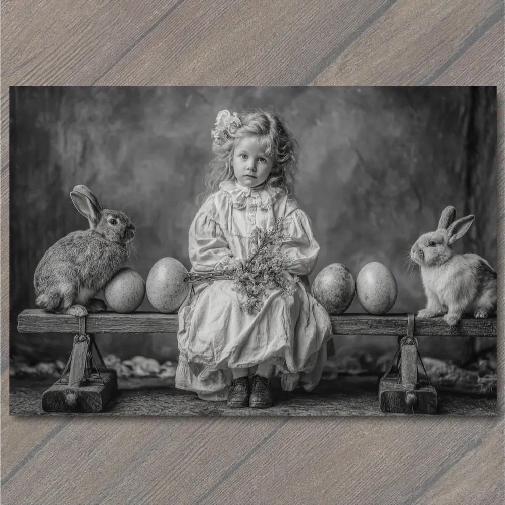 STICKER Victorian Girl Rabbits Eggs Bench Portrait Black White Antique Look