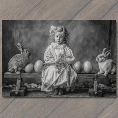 STICKER Victorian Girl Rabbits Eggs Bench Portrait Black White Antique Look