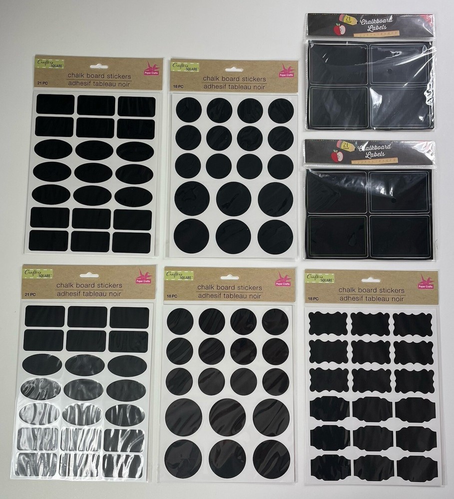 Chalkboard Sticker Labels Lot 7 Packs Black Assorted Shapes 144 Stickers Total