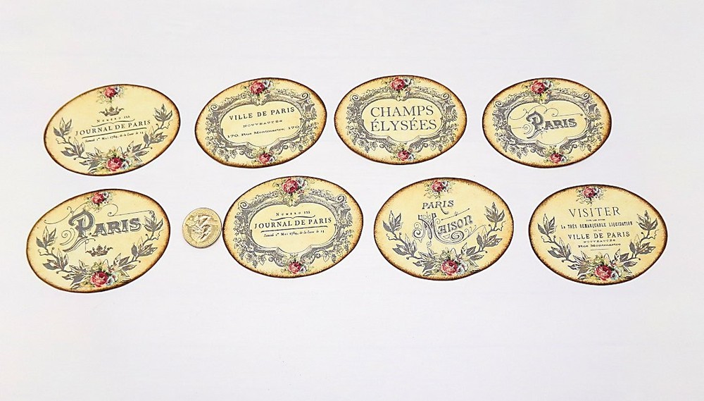 French-Paris-Ephemera-Linen Cardstock-Oval-Labels-Stickers-Set Of 8