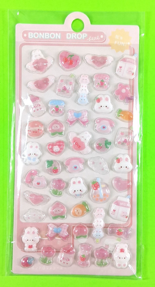 Bonbon Drop Bunny Rabbits Flowers & Fruit Sanrio 1 Sheet Sticker Pack Pink White