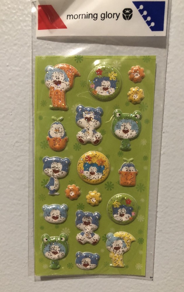 Morning Glory Blue Bear Glitter Puffy Sticker Sheet Kawaii Htf