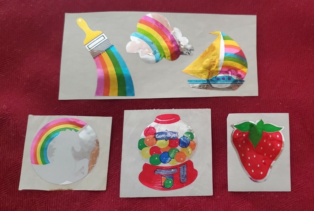 RARE Vintage Mylar Foil Rainbow, Unicorn, Paint Brush,Strawberry Stickers