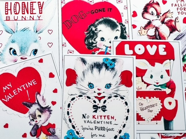 Set of 9 Retro Vintage Valentine’s Day Animals 1950’s STICKERS – Just Cut & Use!
