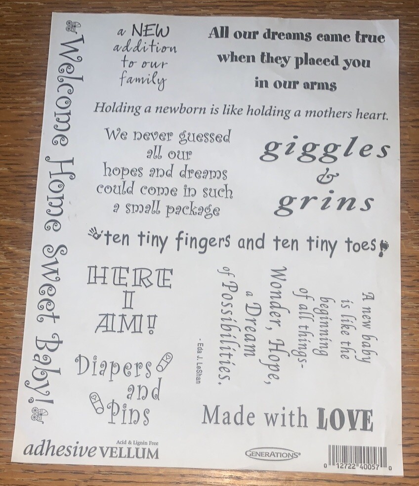 Generations Adhesive Vellum QUOTES Welcome Home Sweet Baby! Love New Addition