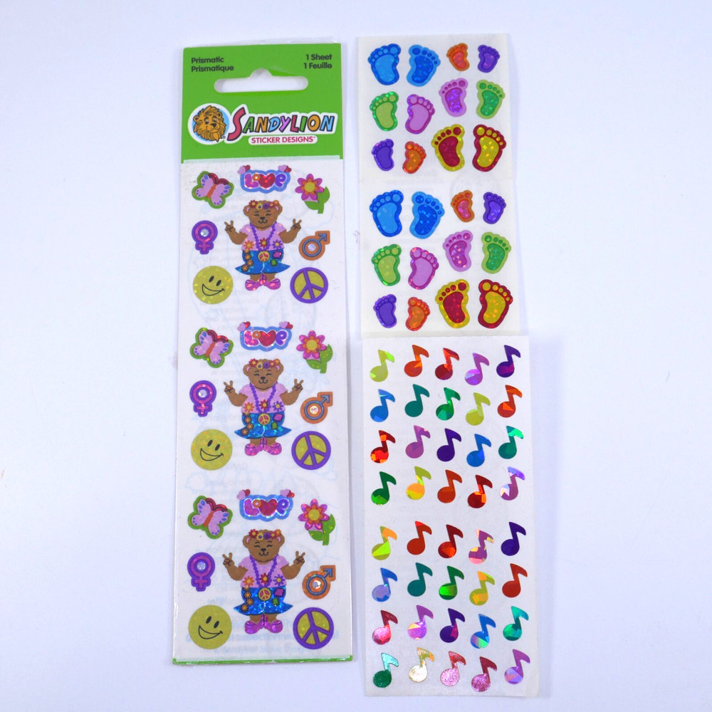 Vintage Sandylion prismatic stickers Peace Bears, Feet, music notes bright color