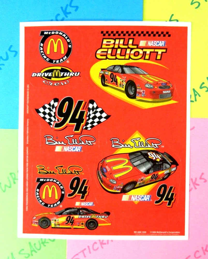 Vintage Hallmark Nascar Bill Elliot Mcdonalds Sticker Sheet