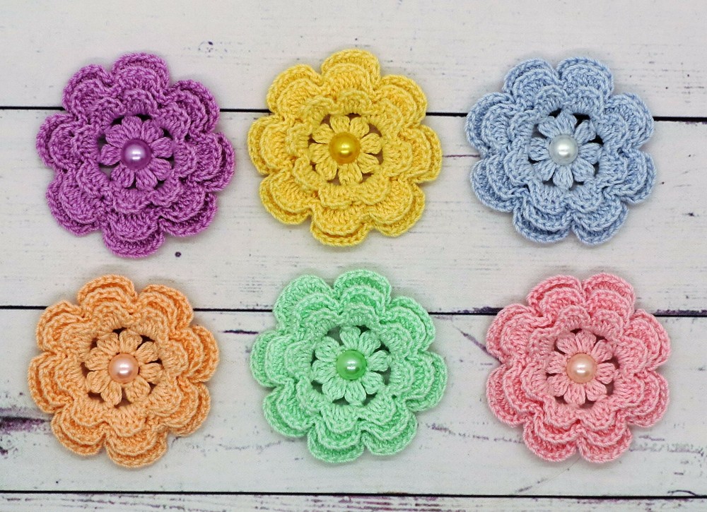 Crochet Flower Layered w/pearl Applique Cardmaking 6Pc Pastel Blue Pink Yellow
