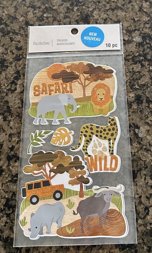 Recollections SAFARI Glitter Stickers 10 Pieces Animals Truck Plants