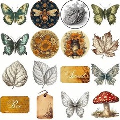 50pc Vintage Retro Bee Butterfly, Flower & Mushroom Sticker Set For Scrapbooking