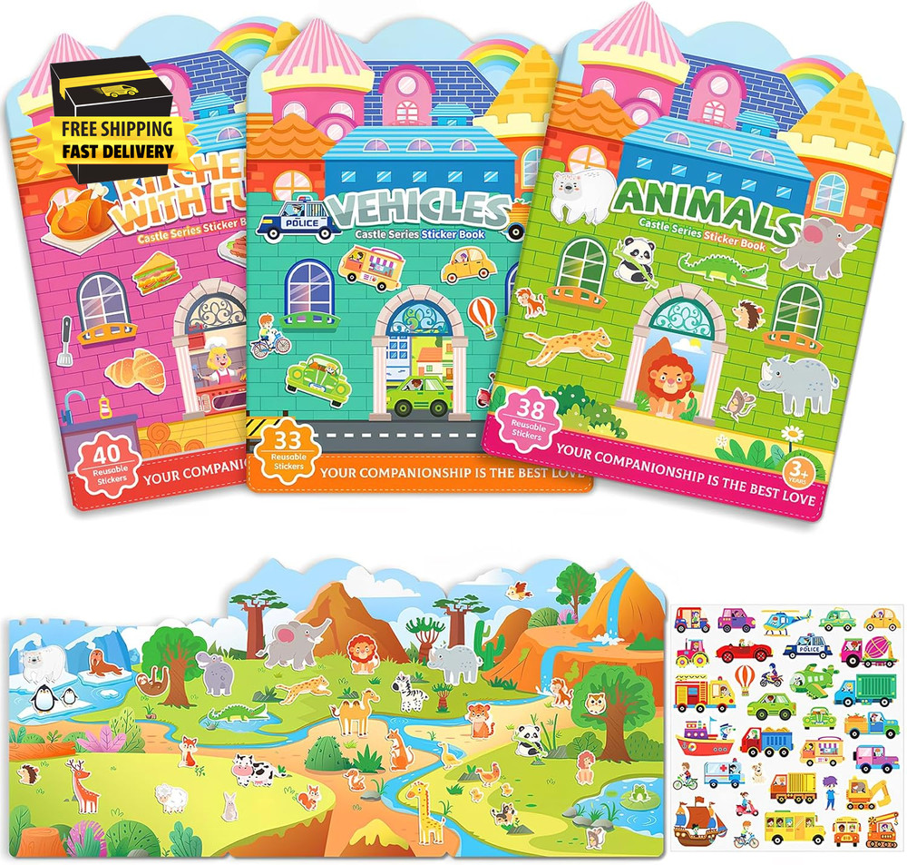 3 Sets Reusable Sticker Book,Sticker Books for Kids,Puffy Stickers for Toddlers,