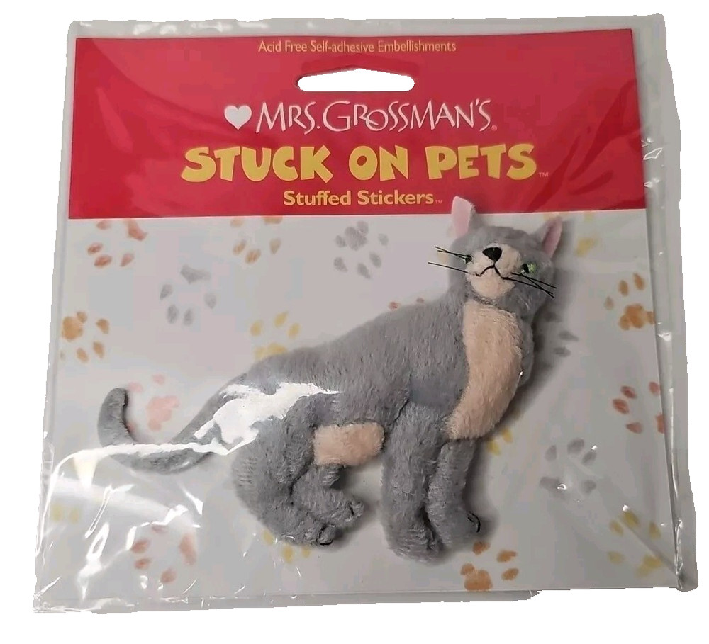 Mrs Grossman’s Stuck on Pets Stuffed Cat Sticker Gray Brown Chest Puffy Fuzzy