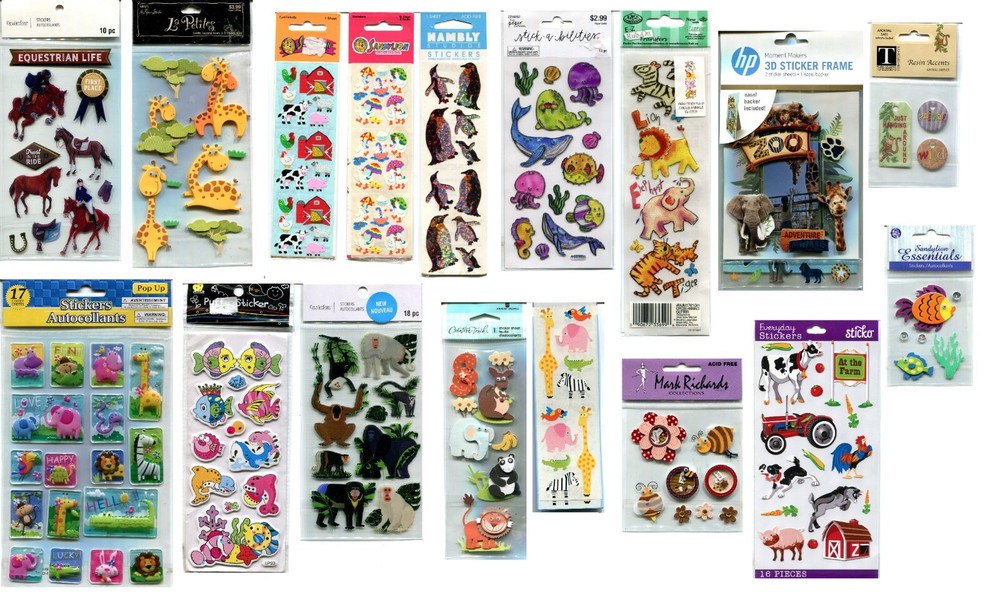 Lot of 17, Animal scrapbook stickers – Horses, Zoo, Farm, Fish, Monkey, Giraffe