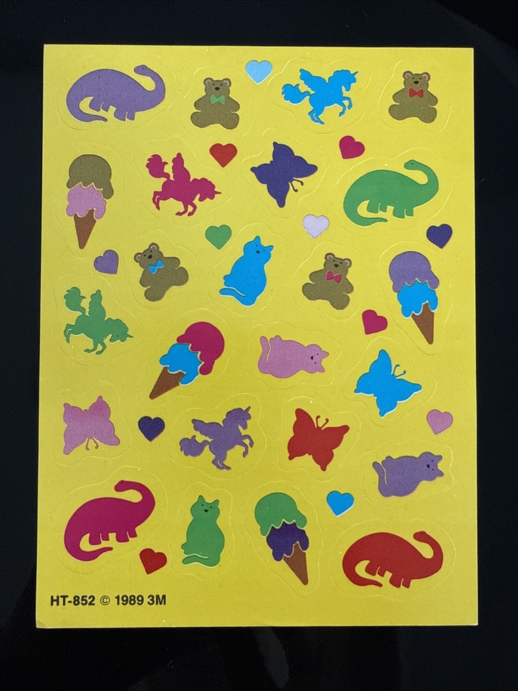 Vintage 80s 3M Brand STICKERS SHEET 1989 HT-852 Cats Bears Unicorns Ice Cream