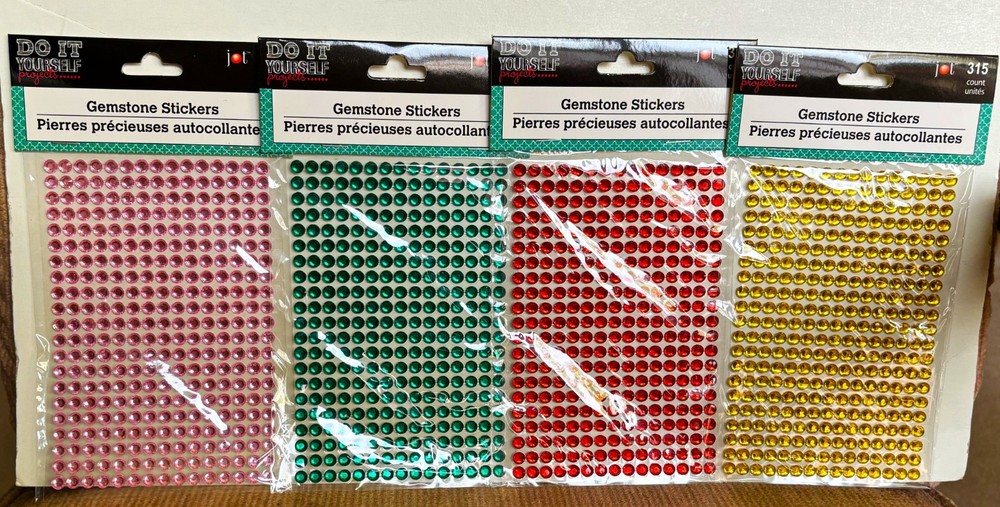 GEMSTONE STICKERS LOT OF 4 PACKAGES PINK, GREEN, RED, YELLOW 315 COUNT EACH NEW