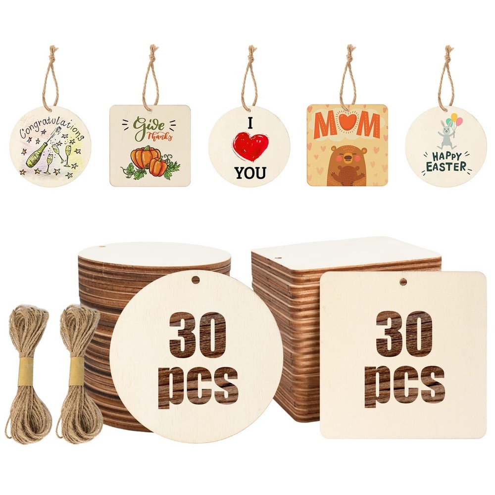 60 Pcs Wooden Tags, 3×3 Inch Unfinished Round Wood Pieces Blank Square Wooden…