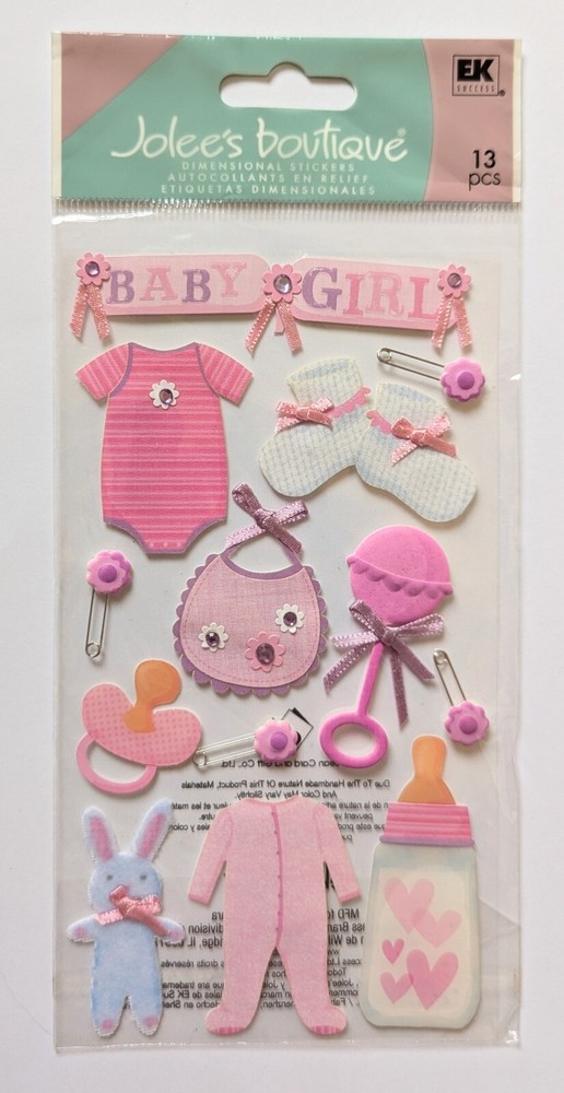 Jolee’s Baby Girl Scrapbooking Stickers Clothes Bib Rattle Bottle Bunny Pacifier