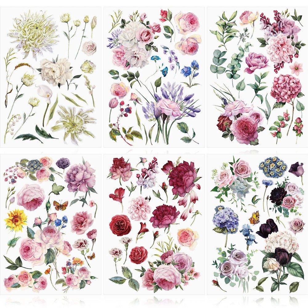 6 Sheets Spring Flowers Rub on Transfers Vintage Rose for M, As shown