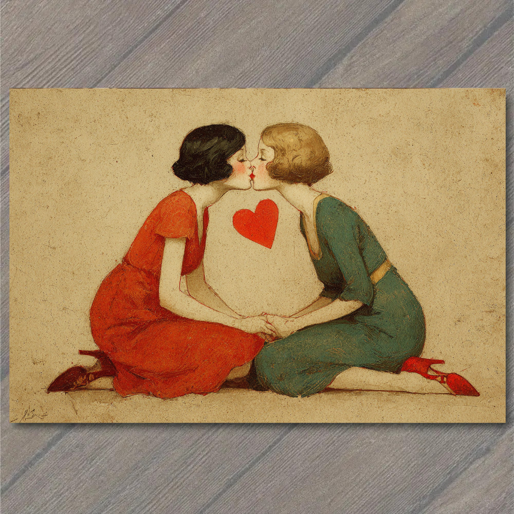 STICKER Retro Romantic Women Kissing Holding Heart Sweet Classic Love Romance