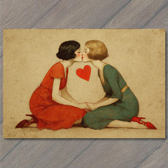 STICKER Retro Romantic Women Kissing Holding Heart Sweet Classic Love Romance