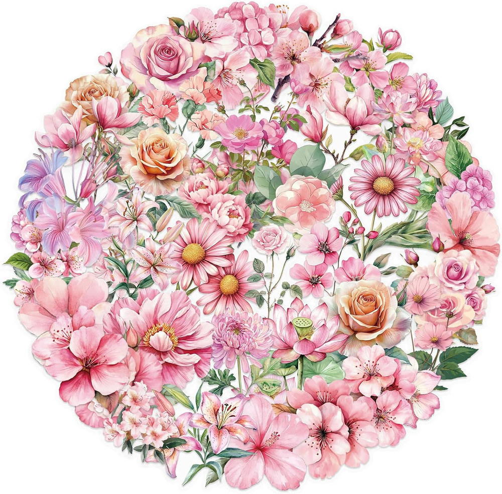 50PCS Pink Flower Stickers Aesthetic PET Transparent Stickers Nature Flower