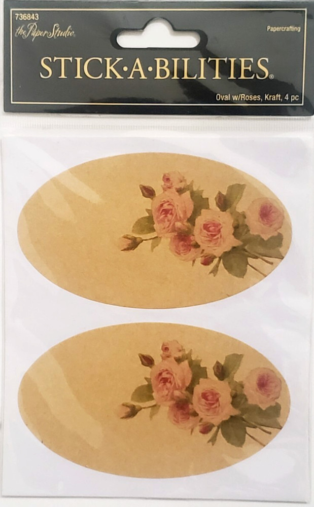 THE PAPER STUDIO Stickabilities OVAL w/ROSES KRAFT Stickers – 4 pcs
