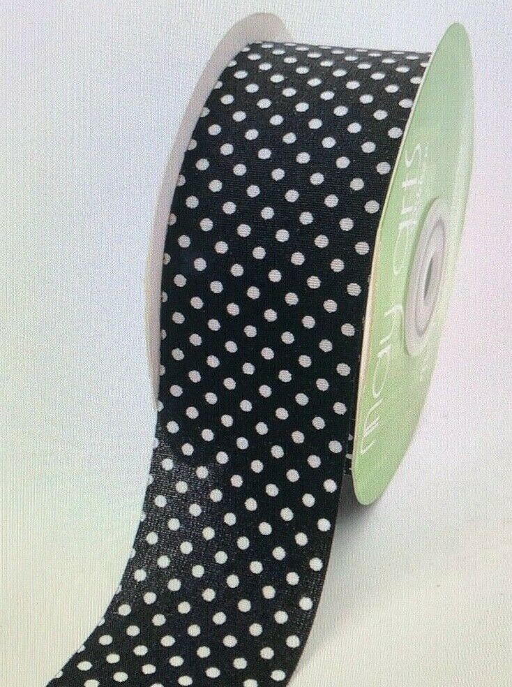 MAY ARTS RIBBONS~LIGHT WEIGHT RIBBON BLACK W/WHT MINI DOTS~ 1.5 INCH X 1 YARD!