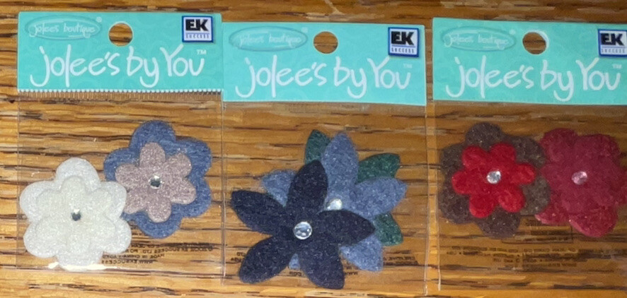 Lot #4 – 3 Jolees Mini Flowers Red White Blue Brown Scrapbook Felt Embellishment
