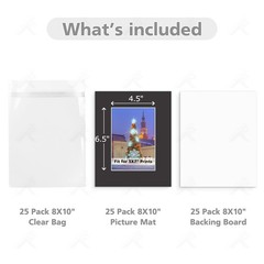 , Pack of 25 Black Pre-Cut 8×10 Picture Mat for 5×7 Photo with White Core Bev…