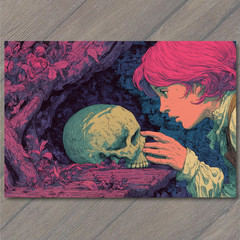 STICKER Pink Haired Girl Touching Skull Forest Floor Strange Gothic Neon Vibe