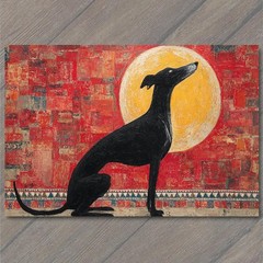 STICKER Black Greyhound Silhouette Golden Moon Red Mosaic Texture Border