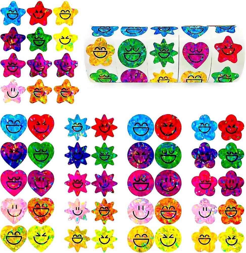 1000 Pcs Smiley Face Star Stickers for Kids Reward, 1 inch Holographic Smiley Fa