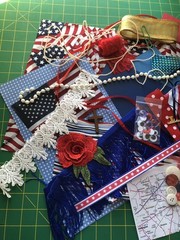 Red White and Blue Lot Junk Journal Scrapbooking Paper Beads Fabric Lace