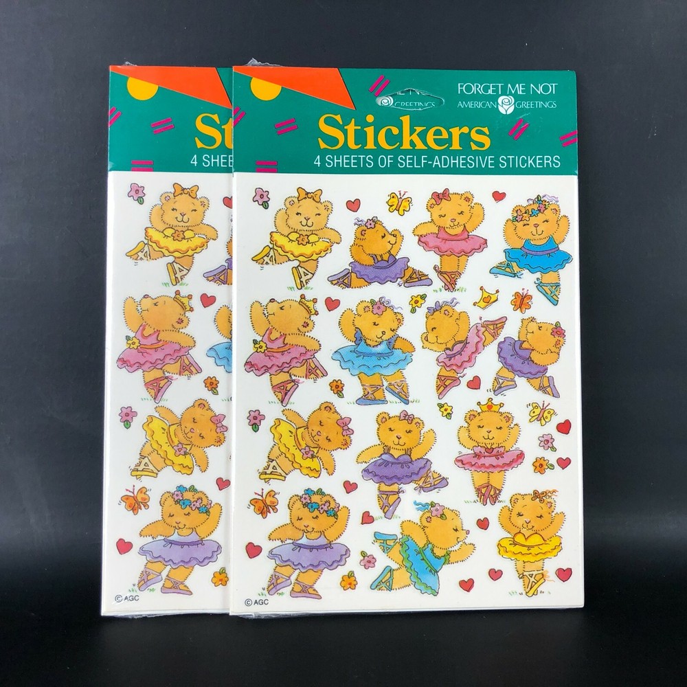 2 Vintage American Greetings Stickers Ballerina Bears NOS 8 Sheet Forget Me Not