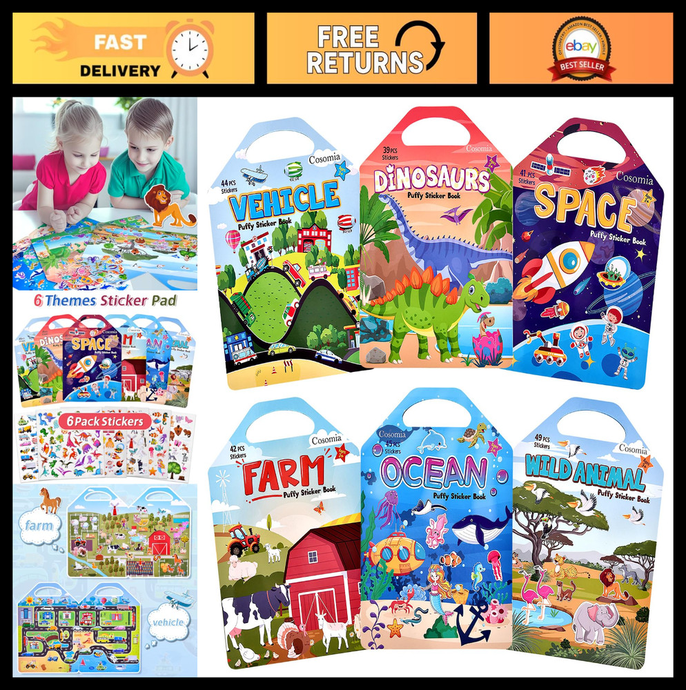 6 Set Puffy Sticker Books (260pcs) – 3D Reusable Animal, Dinosaurs, Space, Vehic