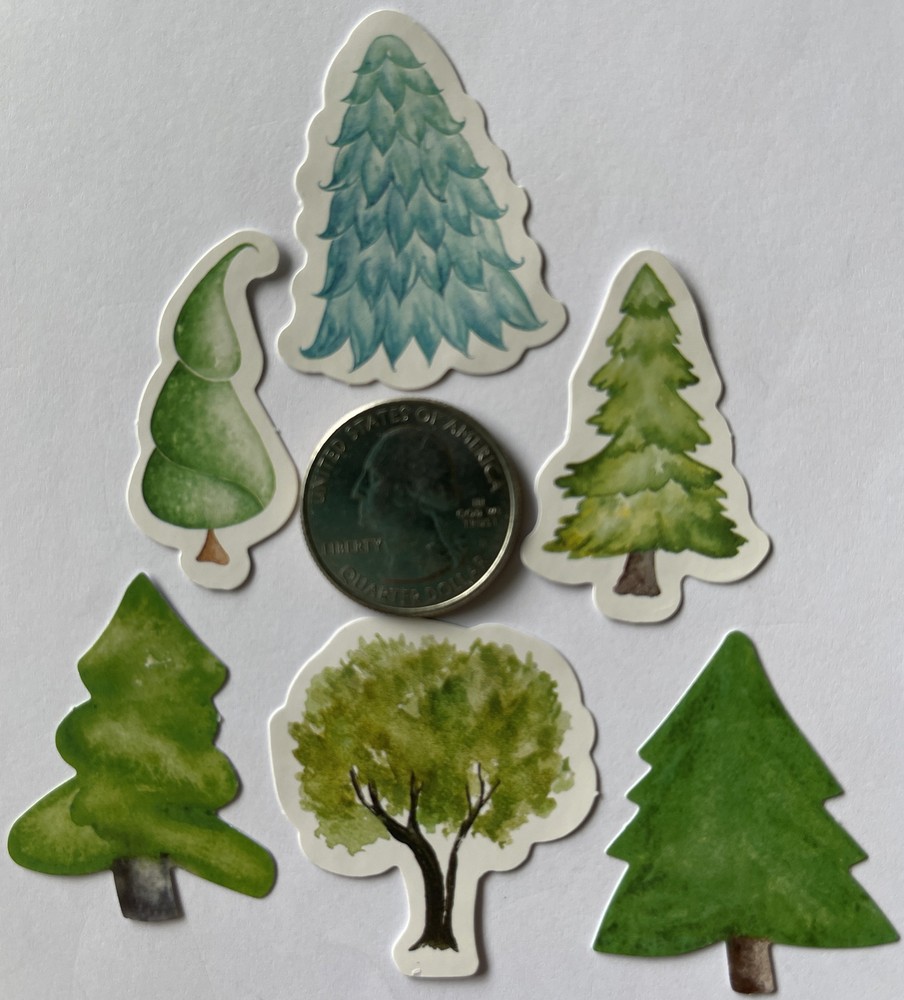 GREEN TREE ASSORTMENT Stickers(6pc)Christmas•Forest •Decorated•Trunk•Garden•