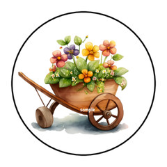 30 WHEELBARROW AND FLOWERS STICKERS ENVELOPE SEALS LABELS 1.5″ ROUND WILDFLOWERS